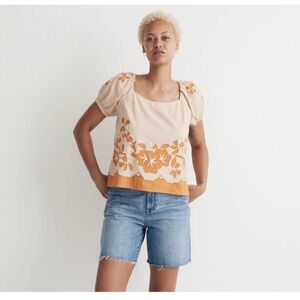 Madewell Embroidered Lace-Up Back Top Womens 2X Orange Cotton Puff Cap Sleeve